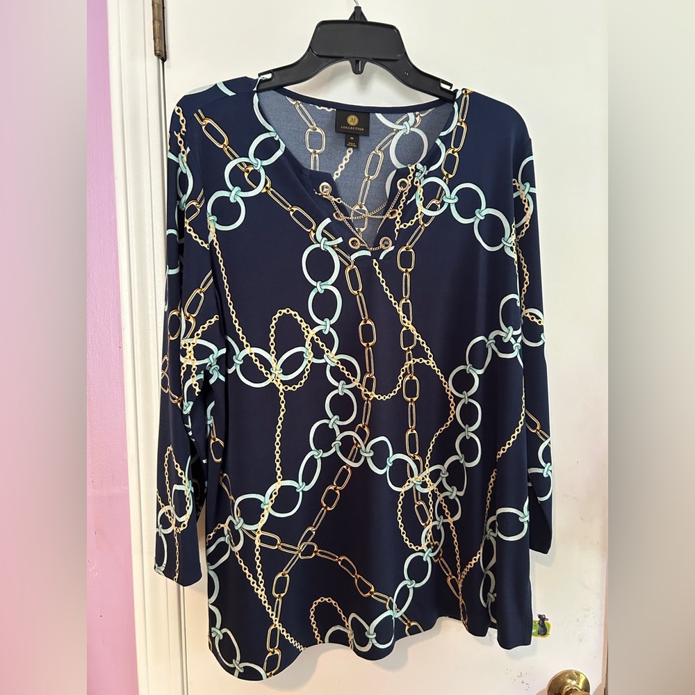 JM Collection Chain Print Navy Blouse